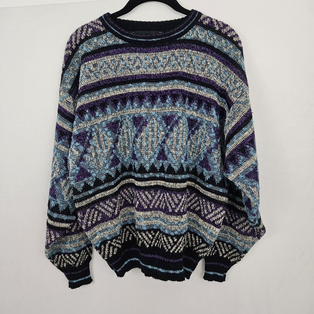 Vintage 80's Geometric Sweater Men's Medium Multicolor Knit Expressions Int.